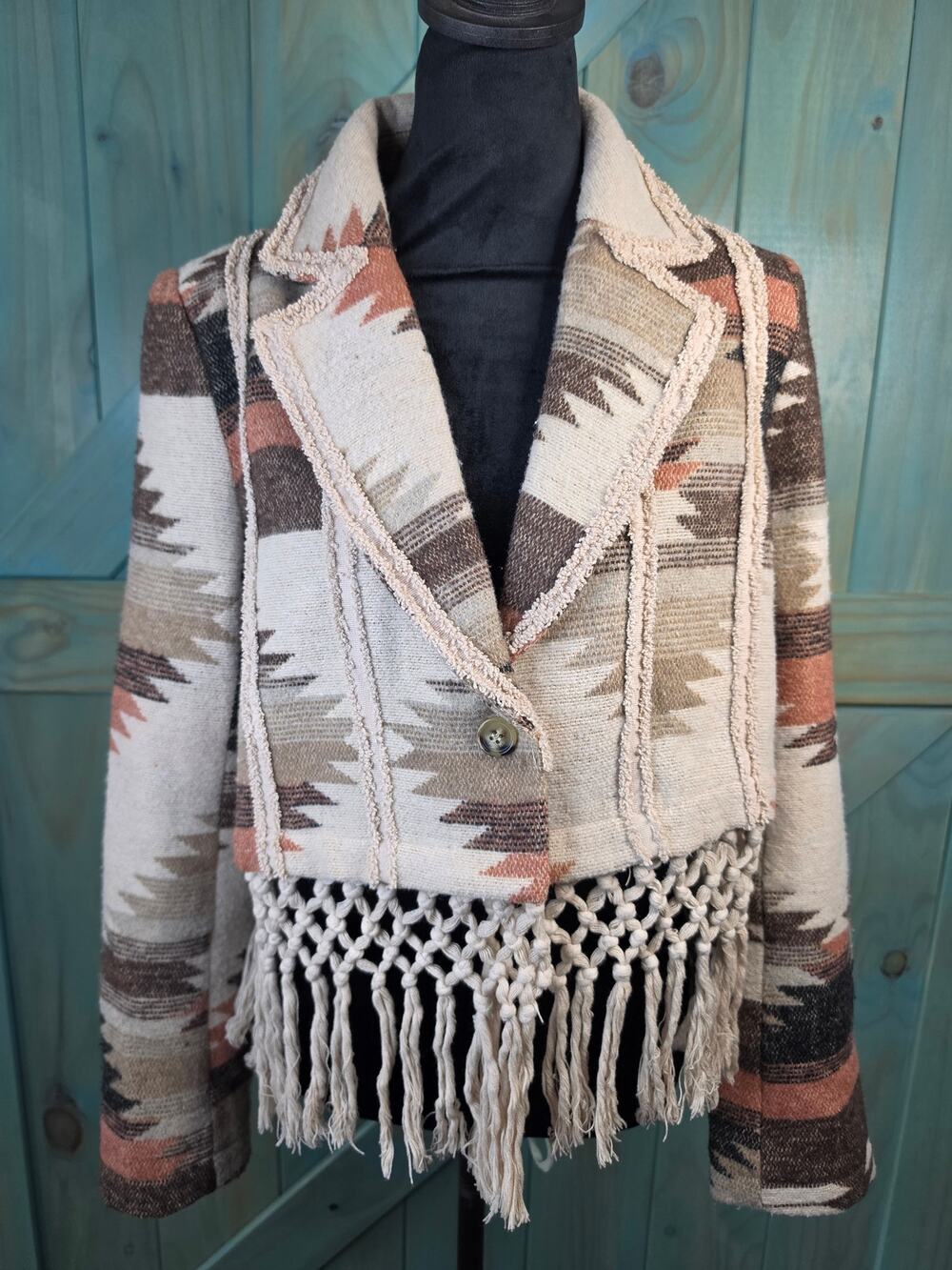 Miss Me Southwestern Aztec Fringe Cropped Blazer Jacket Beige Rodeo Line Dancing